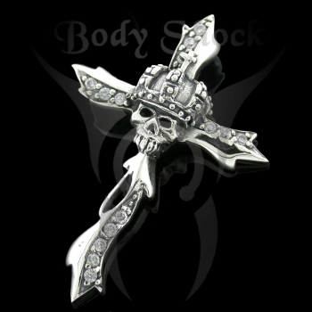 Silberanhänger - Kreuz mit Totenkopf und Steine