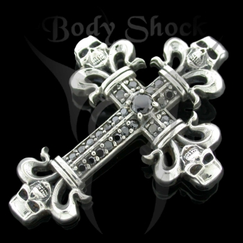Silberanhänger - Kreuz mit Totenköpfen und Steine