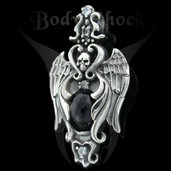 Silberanhänger Flügel mit Totenkopf und Onyx