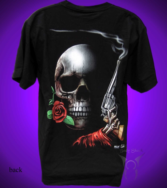 Black Glow T-Shirt - Totenkopf mit Pistole